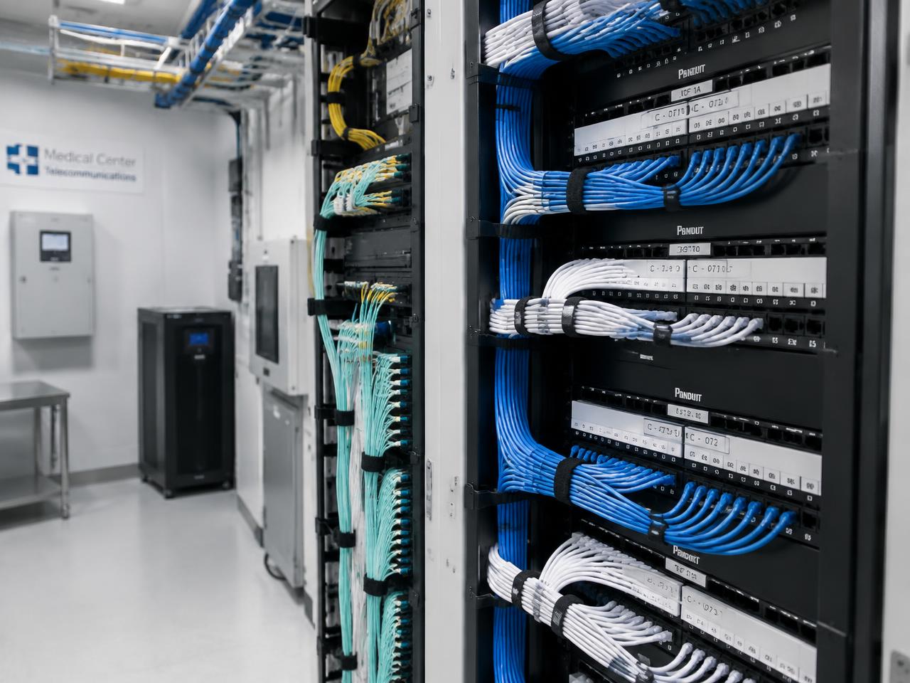 Clean telecom room with velcro-dressed cross connects in a medical facility